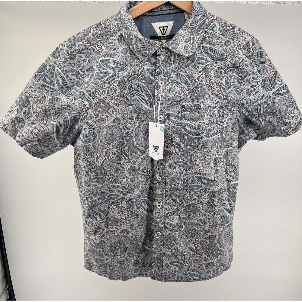 Vissla  Men's Small Paisley Print Short Sleeve Button Up Shirt Blue‎ Gray NWT